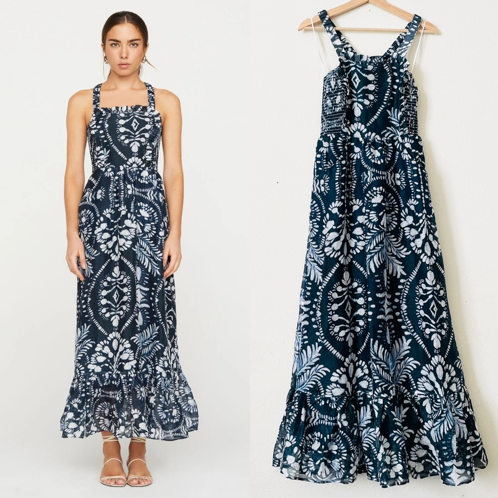 Marie Oliver XS Prima smocked linen & silk midi dress in Palmetto print